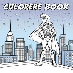 A superhero-themed colouring book page featuring a hero and their sidekick patrolling the city at night