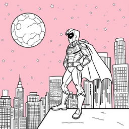 A superhero-themed colouring book page featuring a hero and their sidekick patrolling the city at night