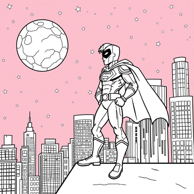 A superhero-themed colouring book page featuring a hero and their sidekick patrolling the city at night