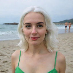 Full-length interior photo of a woman with white hair at a beach party, featuring long square proportional facial features, a small smooth nose, dimples in her cheeks, bow lips, thin cheeks and cheekbones, large black eyebrows, smooth green medium eyes, and swarthy skin, taken with a low-quality phone camera