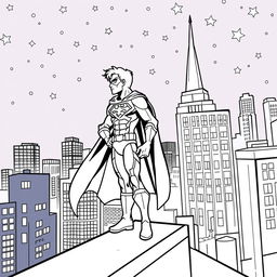 A superhero-themed colouring book page featuring a hero and their sidekick patrolling the city at night