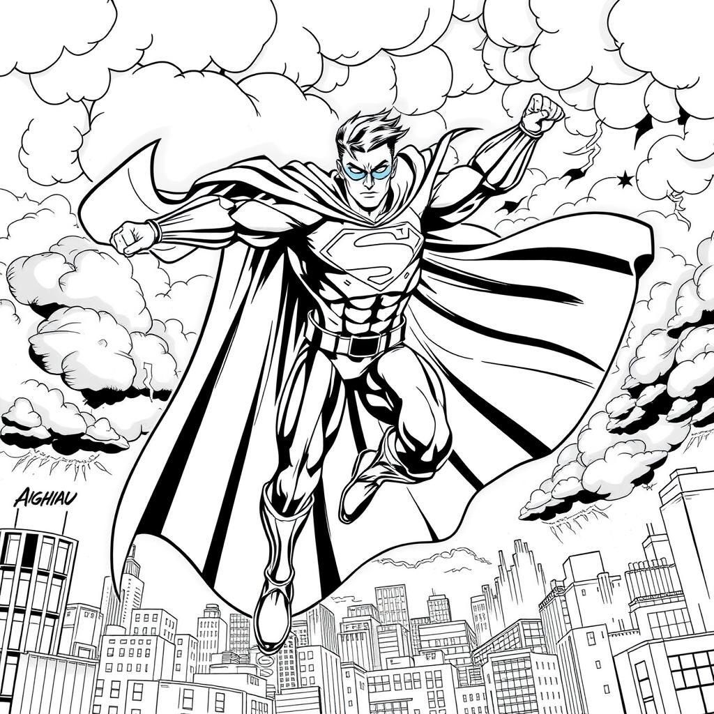 A superhero-themed colouring book page featuring Homelander from 'The Boys' in a dramatic pose