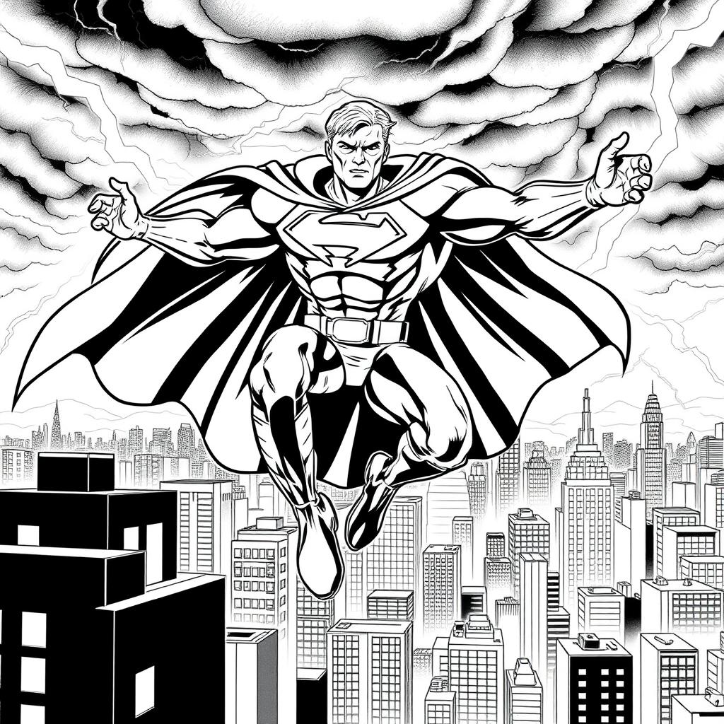 A superhero-themed colouring book page featuring Homelander from 'The Boys' in a dramatic pose