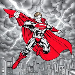 A superhero-themed colouring book page featuring Homelander from 'The Boys' in a dramatic pose