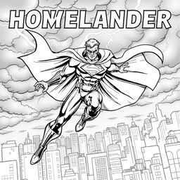 A superhero-themed colouring book page featuring Homelander from 'The Boys' in a dramatic pose