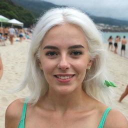 Full-length photo of a woman with white hair at a beach party, showing her long, square, proportional facial features, small smooth nose, cheek dimples, bow lips, thin cheeks and cheekbones, large black eyebrows, smooth medium green eyes, and swarthy skin, taken on a low-quality phone camera