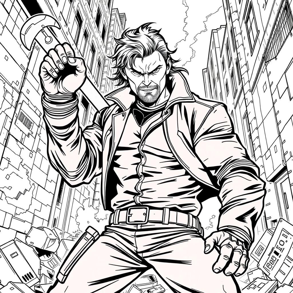 A superhero-themed colouring book page featuring Billy Butcher from 'The Boys' in a dynamic pose