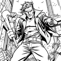 A superhero-themed colouring book page featuring Billy Butcher from 'The Boys' in a dynamic pose