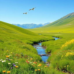 A serene landscape featuring a lush green meadow with colorful wildflowers, a clear blue sky, and a gentle stream flowing through the scene