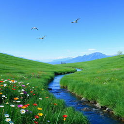 A serene landscape featuring a lush green meadow with colorful wildflowers, a clear blue sky, and a gentle stream flowing through the scene