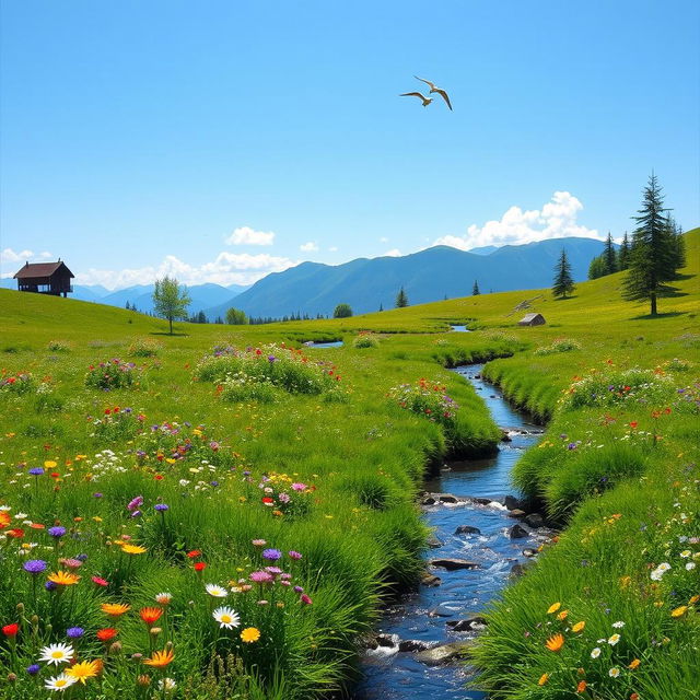 A serene landscape featuring a lush green meadow with colorful wildflowers, a clear blue sky, and a gentle stream flowing through the scene