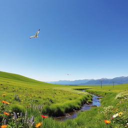 A serene landscape featuring a lush green meadow with colorful wildflowers, a clear blue sky, and a gentle stream flowing through the scene