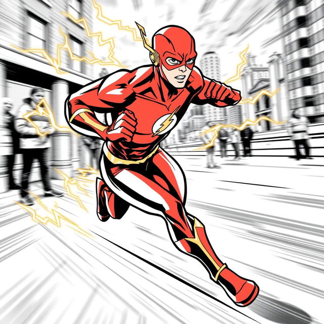 A superhero-themed colouring book page featuring The Flash in action