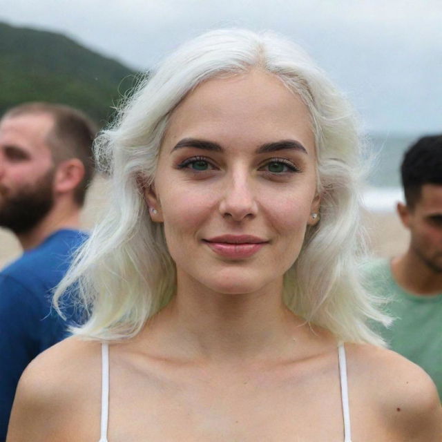 Full-length photo of a woman with white hair at a beach party, showing her long, square, proportional facial features, small smooth nose, cheek dimples, bow lips, thin cheeks and cheekbones, large black eyebrows, smooth medium green eyes, and swarthy skin, taken on a low-quality phone camera