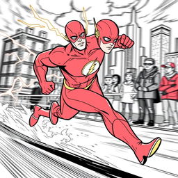 A superhero-themed colouring book page featuring The Flash in action