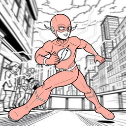 A superhero-themed colouring book page featuring The Flash in action