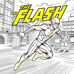 A superhero-themed colouring book page featuring The Flash in action