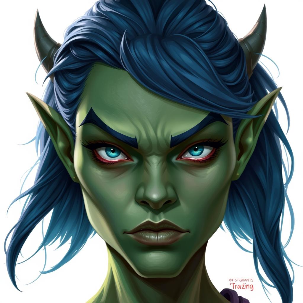 A front-facing portrait of a female half-orc with green skin and blue hair