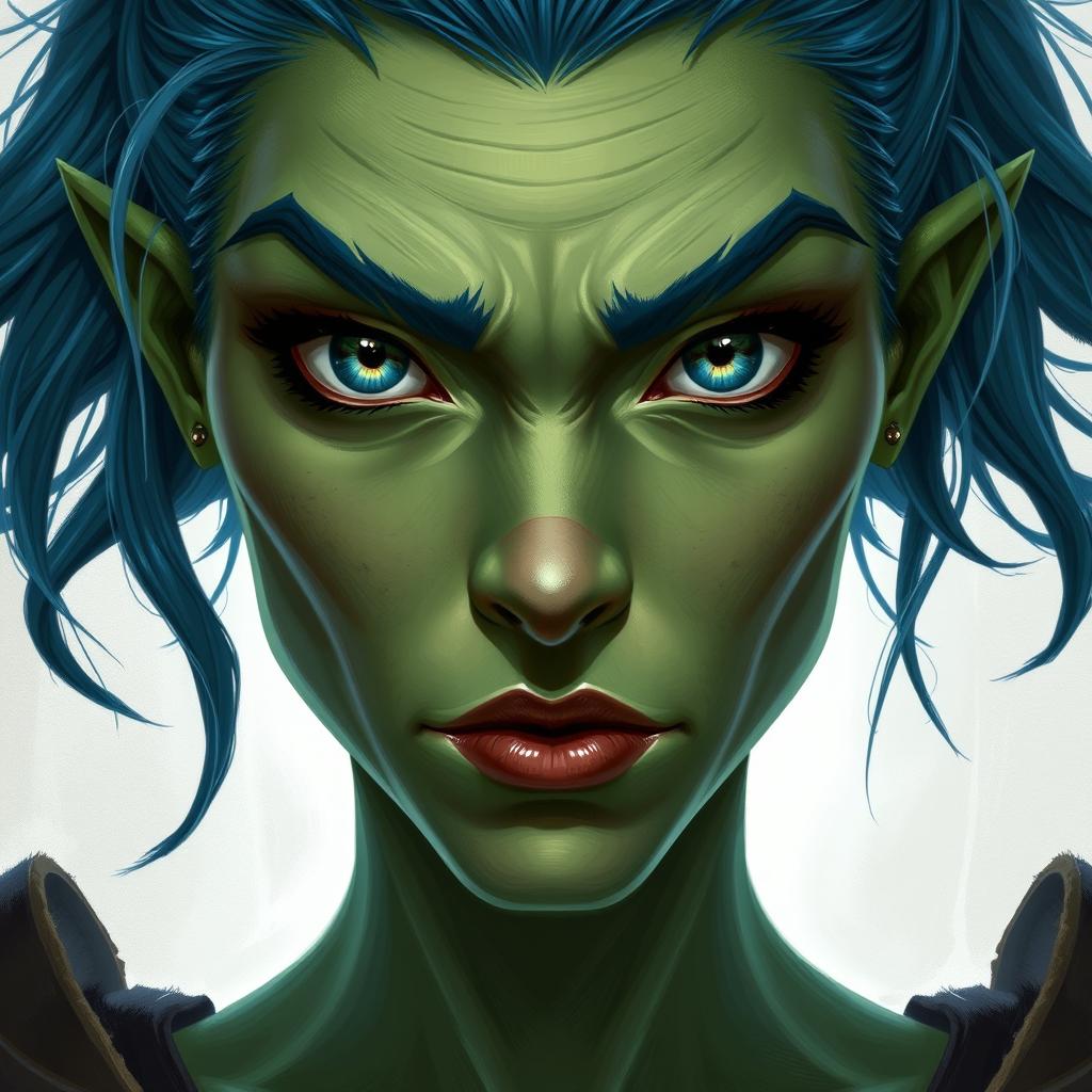 A front-facing portrait of a female half-orc with green skin and blue hair