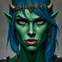 A front-facing portrait of a female half-orc with green skin and blue hair