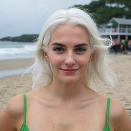 Full-length photo of a woman with white hair at a beach party, showing her long, square, proportional facial features, small smooth nose, cheek dimples, bow lips, thin cheeks and cheekbones, large black eyebrows, smooth medium green eyes, and swarthy skin, taken on a low-quality phone camera