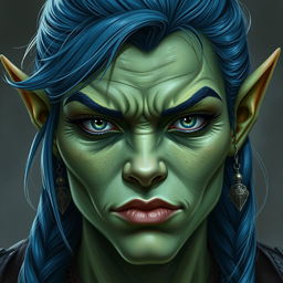 A front-facing portrait of a female half-orc with green skin and blue hair