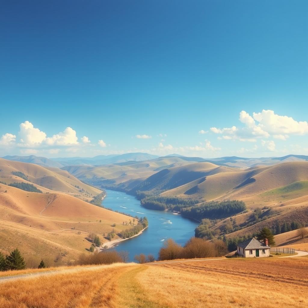 Create an image that depicts a serene landscape with rolling hills, a clear blue sky, and a few fluffy clouds