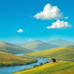 Create an image that depicts a serene landscape with rolling hills, a clear blue sky, and a few fluffy clouds