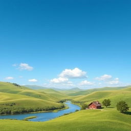 Create an image that depicts a serene landscape with rolling hills, a clear blue sky, and a few fluffy clouds