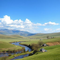 Create an image that depicts a serene landscape with rolling hills, a clear blue sky, and a few fluffy clouds