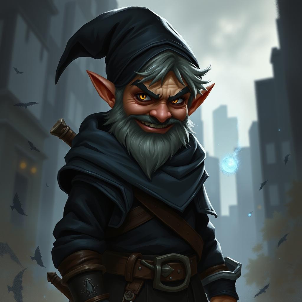 A clever gnome rogue with a mischievous grin, Fintan 'The Whisper' Thornwillow blends dark clothing with intricate illusions