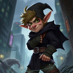 A clever gnome rogue with a mischievous grin, Fintan 'The Whisper' Thornwillow blends dark clothing with intricate illusions