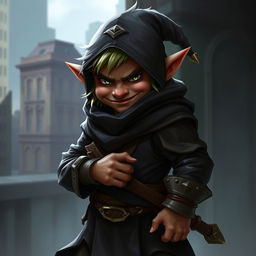 A clever gnome rogue with a mischievous grin, Fintan 'The Whisper' Thornwillow blends dark clothing with intricate illusions