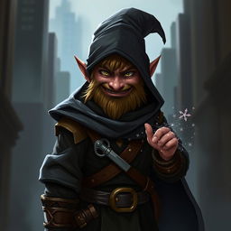 A clever gnome rogue with a mischievous grin, Fintan 'The Whisper' Thornwillow blends dark clothing with intricate illusions