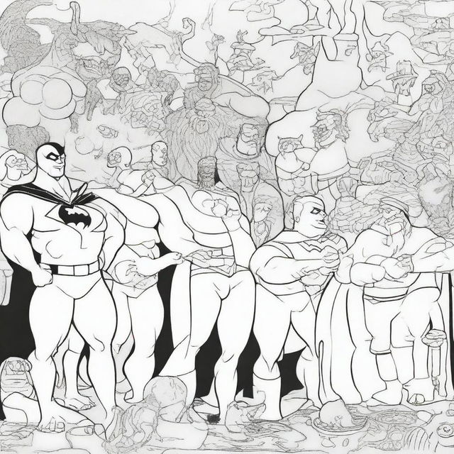 A superhero-themed colouring book page featuring a group of villains and monsters plotting their next evil scheme