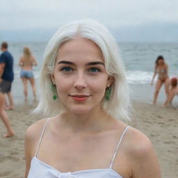 Full-length photo of a woman with white hair at a beach party, showing her long, square, proportional facial features, small smooth nose, cheek dimples, bow lips, thin cheeks and cheekbones, large black eyebrows, smooth medium green eyes, and swarthy skin, taken on a low-quality phone camera