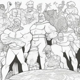 A superhero-themed colouring book page featuring a group of villains and monsters plotting their next evil scheme