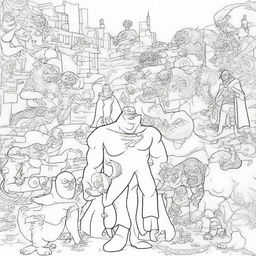 A superhero-themed colouring book page featuring a group of villains and monsters plotting their next evil scheme