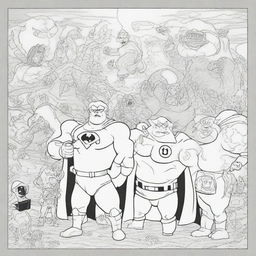 A superhero-themed colouring book page featuring a group of villains and monsters plotting their next evil scheme