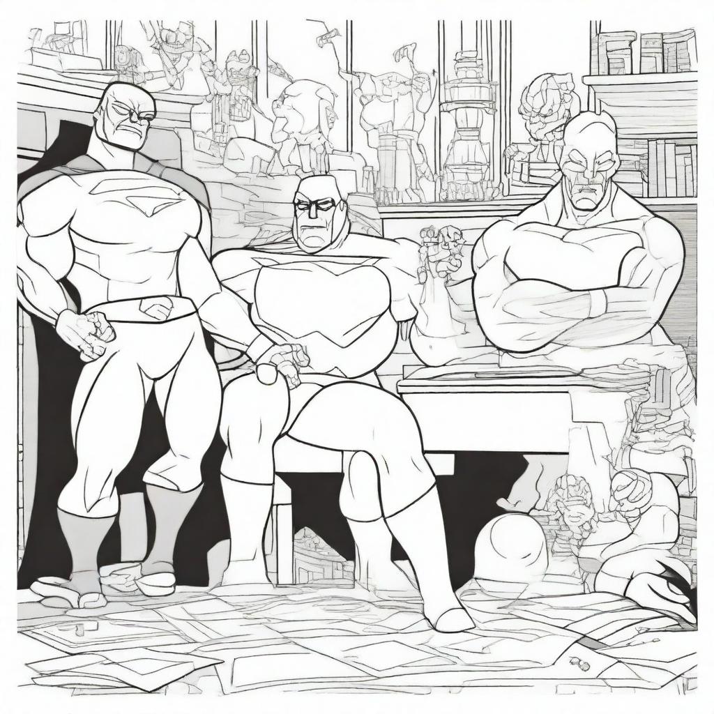 A superhero-themed colouring book page featuring a group of villains plotting their next scheme