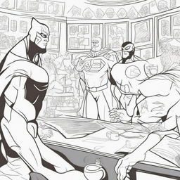 A superhero-themed colouring book page featuring a group of villains plotting their next scheme