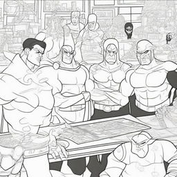 A superhero-themed colouring book page featuring a group of villains plotting their next scheme