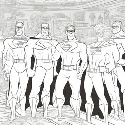 A superhero-themed colouring book page featuring a group of villains plotting their next scheme