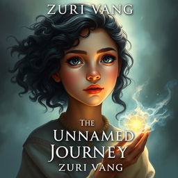 Design a book cover for Zuri Vang's 'The Unnamed Journey', featuring a girl with a Middle Eastern nose and dark curly hair, who exudes an air of mystery and adventure