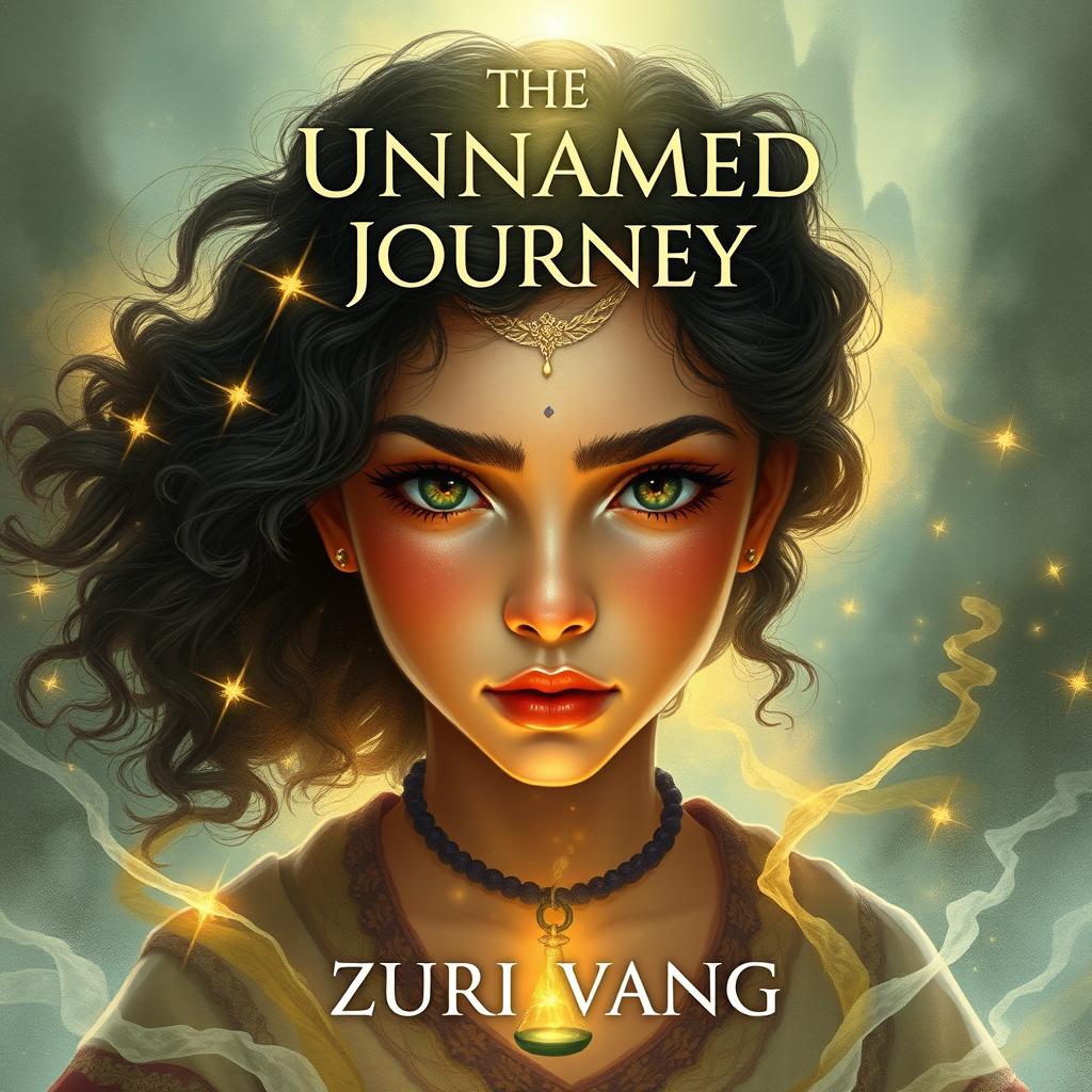 Design a book cover for Zuri Vang's 'The Unnamed Journey', featuring a girl with a Middle Eastern nose and dark curly hair, who exudes an air of mystery and adventure