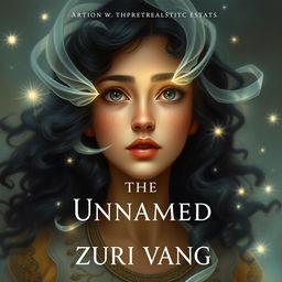 Design a book cover for Zuri Vang's 'The Unnamed Journey', featuring a girl with a Middle Eastern nose and dark curly hair, who exudes an air of mystery and adventure