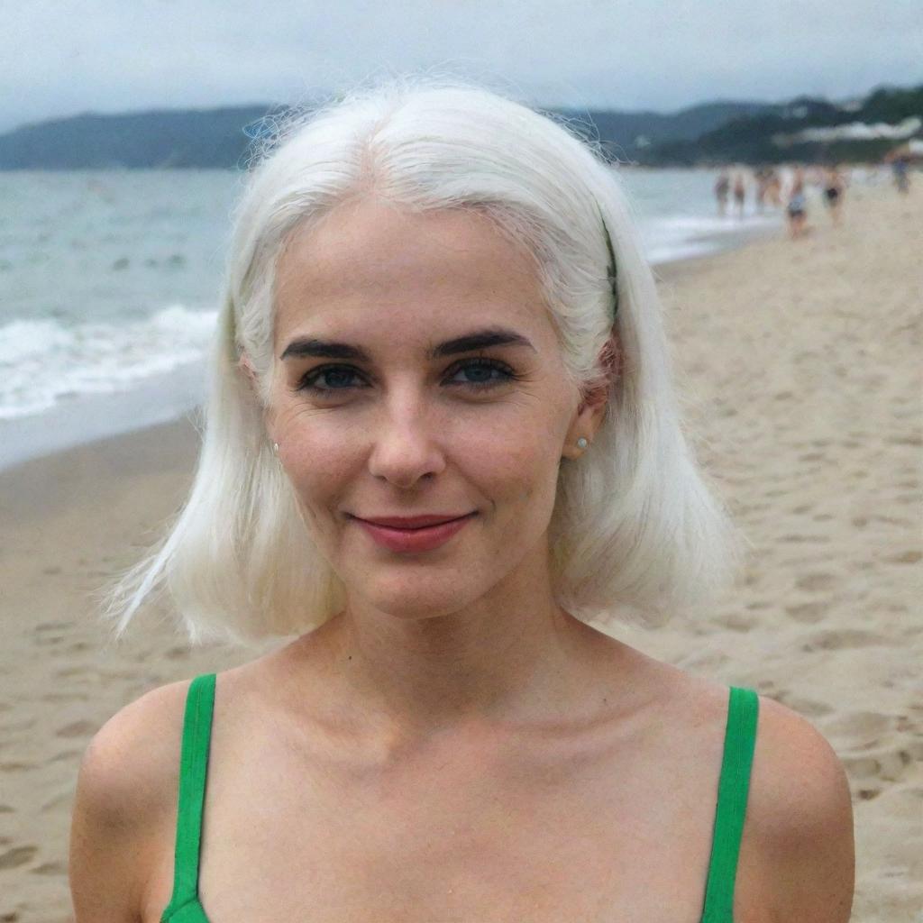 Full-length photo of a woman with white hair at a beach party, featuring long, square, proportional facial features, a small smooth nose, dimples in her cheeks, bow lips, thin cheeks and cheekbones, large black eyebrows, smooth medium green eyes, and swarthy skin, shot with a low-quality phone camera