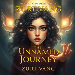 Design a book cover for Zuri Vang's 'The Unnamed Journey', featuring a girl with a Middle Eastern nose and dark curly hair, who exudes an air of mystery and adventure