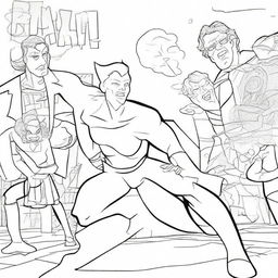 Create a superhero-themed colouring book page designed like a comic book panel