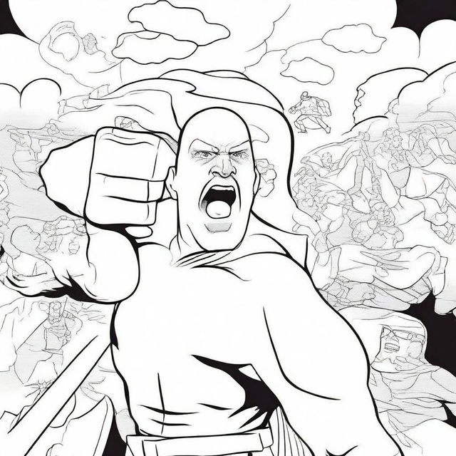 Create a superhero-themed colouring book page designed like a comic book panel